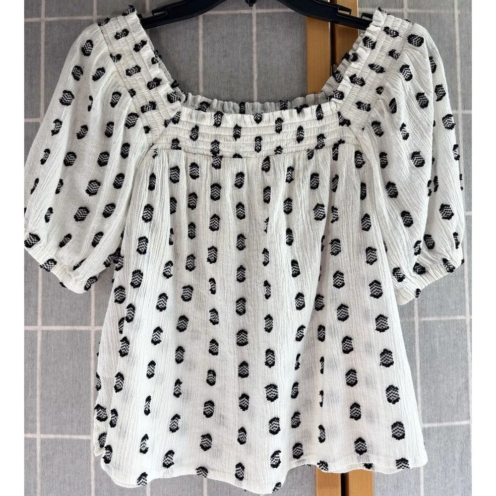 Loft Blouse Women's SP Petite Small White Black 3D Textured Embellished Puff
